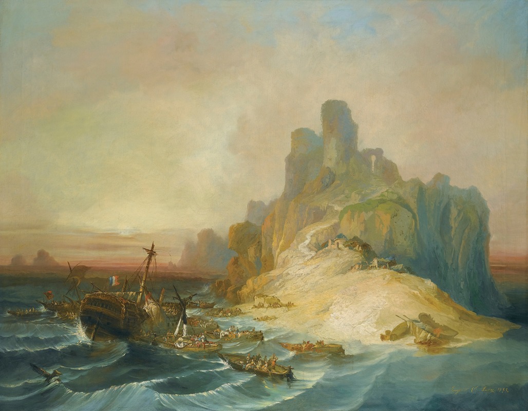 the painting depicts a dramatic seascape with a shipwrecked ship near an island. the ship, with a french flag, is partially submerged in the choppy waves of the ocean. several smaller boats are surrounding the ship, presumably rescuing passengers or crew. the island features tall cliffs and mountainous terrain, with a path leading to a small settlement. the sky is overcast, with hints of sunset on the horizon. the painting style is reminiscent of 19thcentury marine art.