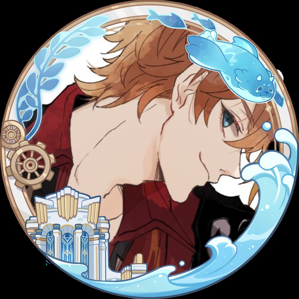 this is an animestyle illustration of a character from genshin impact, childe or tartaglia. he is standing in front of a background that is an ocean with a city in the distance. there are also fish and waves in the background.