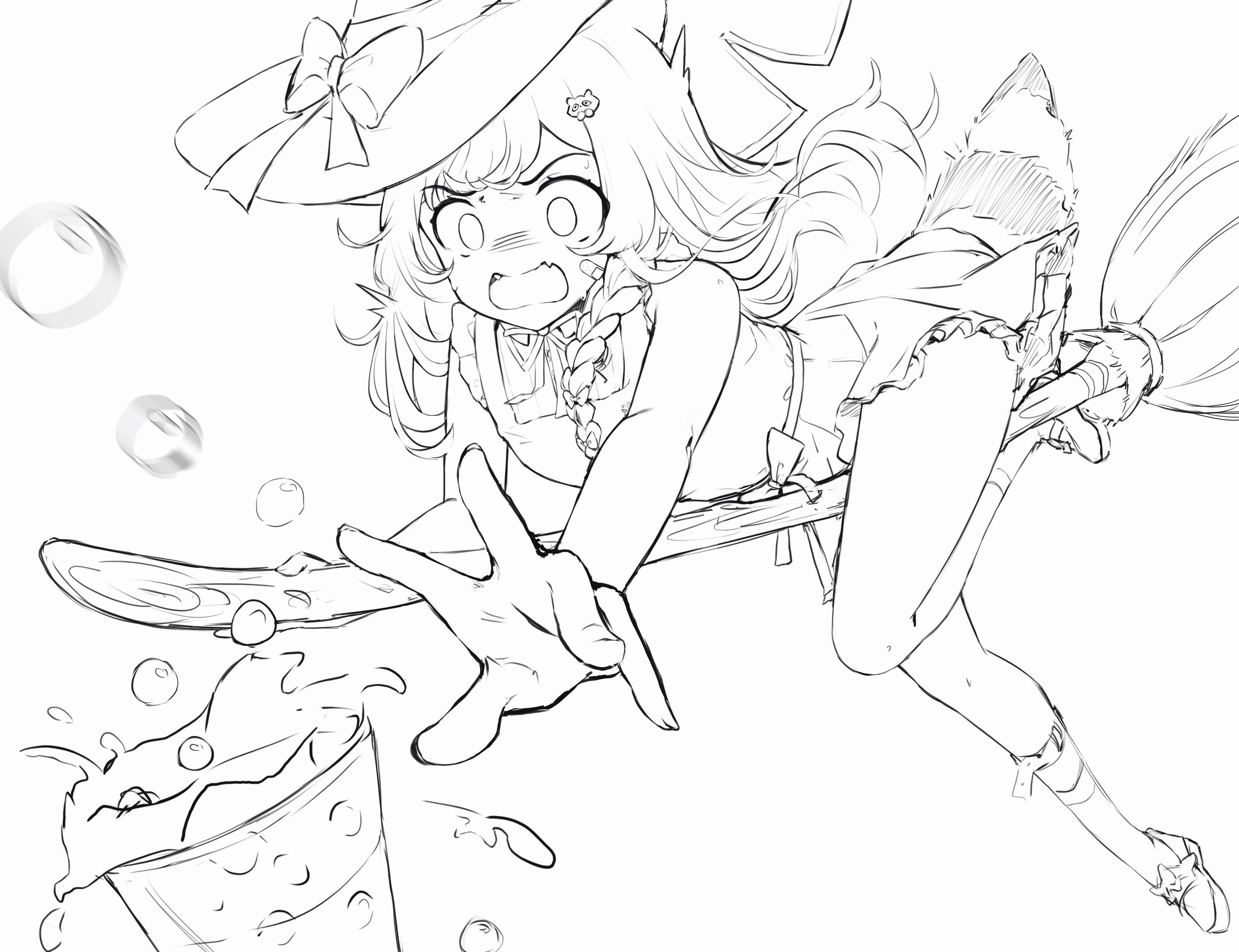 the image is a dynamic black and white sketch of an animestyle girl witch flying on a broom. she has long hair, a widebrimmed hat with a bow, and a raccoon tail. she's playfully spilling a potion from a cup as she zooms through the air, surrounded by bubbles. the style is loose and expressive, capturing a sense of movement and energy.