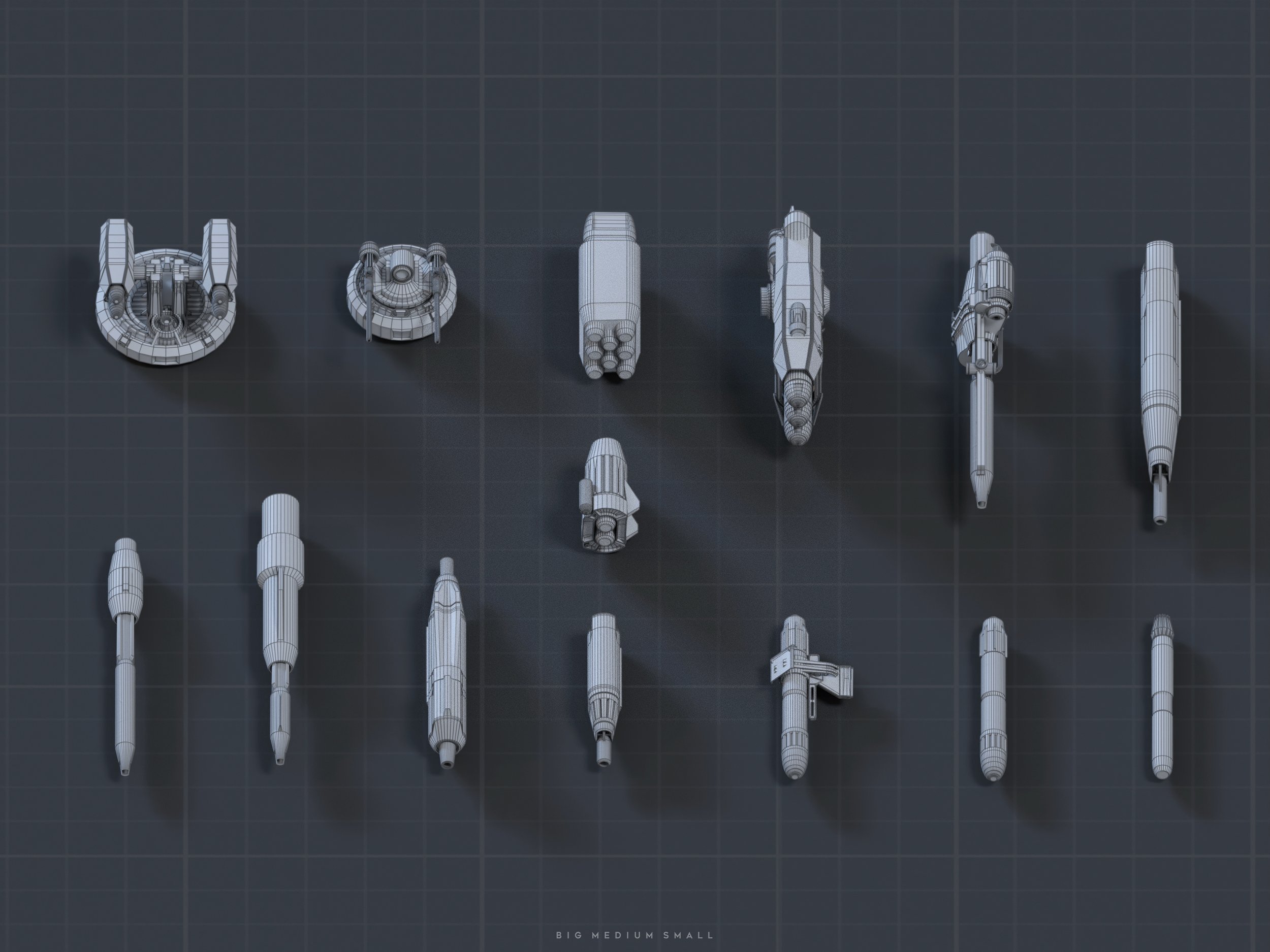 the image displays a collection of fifteen 3d models of various futuristic spacecraft weapons and vehicles, rendered in wireframe format against a dark grey gridded background.  the models range in size from large to small, indicating potential scale differences.  the wireframe style showcases the underlying structure and design of each object. the text "big medium small" is subtly placed at the bottom, reinforcing the size comparison aspect.  the overall aesthetic suggests a game asset preview or a design presentation for scifi related projects.