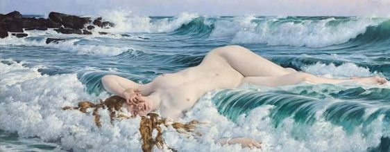 the painting shows a nude woman lying on her side in the surf at a beach.  the water is bluegreen and white, and the sand is not visible.  the waves are high and cresting, and the woman's hair and body are partially submerged in the water.  the woman appears to be unconscious or asleep. the painting has an overall cool and serene tone.