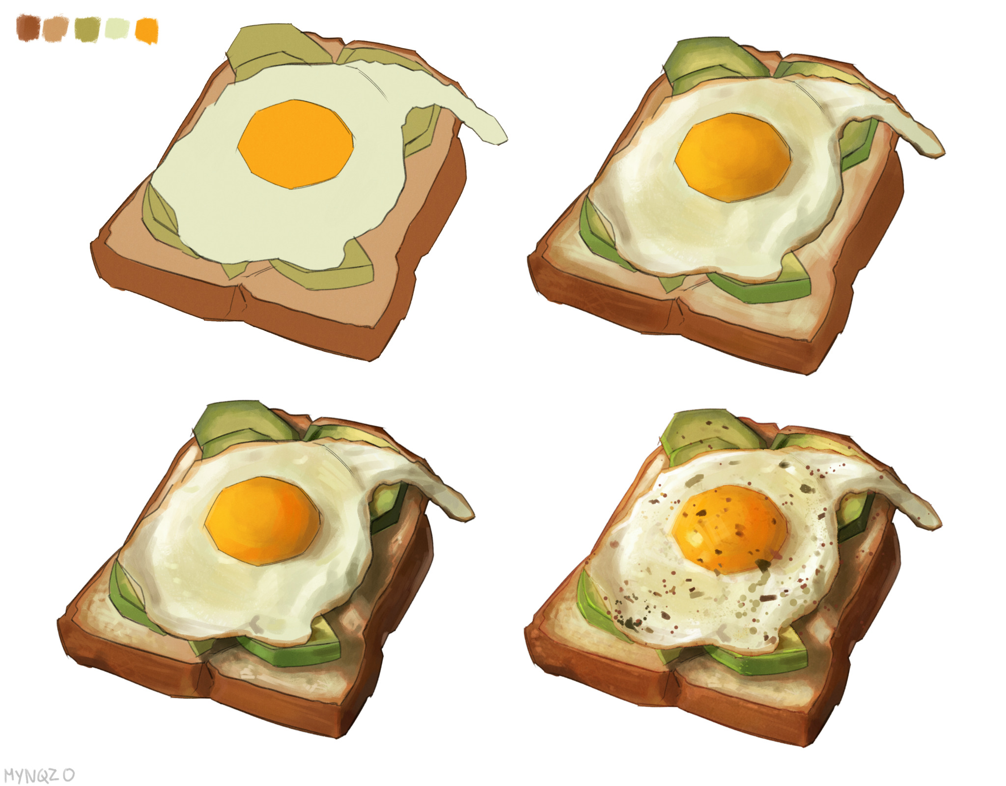 this image shows four illustrations of avocado toast with a fried egg. the toasts are depicted from a slightly elevated perspective and feature varying degrees of detail, including the addition of runny yolk and pepper in the final illustration.  the color palette consists mainly of warm, earthy tones that highlight the natural ingredients.