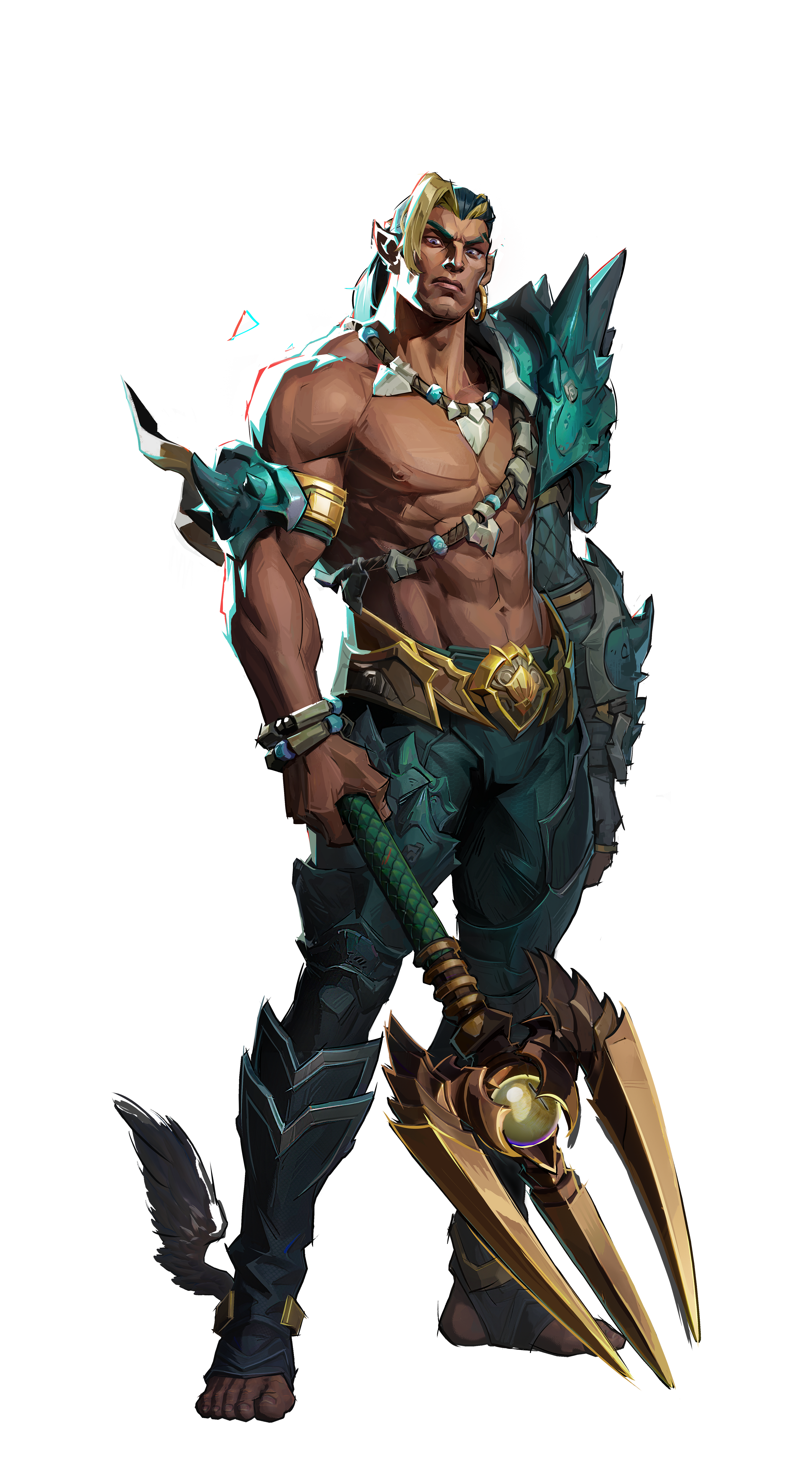a fullbody digital illustration of a muscular, shirtless warrior with pointed elf ears and blonde hair, holding a golden trident. he wears armor on his legs, one arm, and his shoulder. he also wears a gold belt and has a necklace and bracelets. the background is black.
