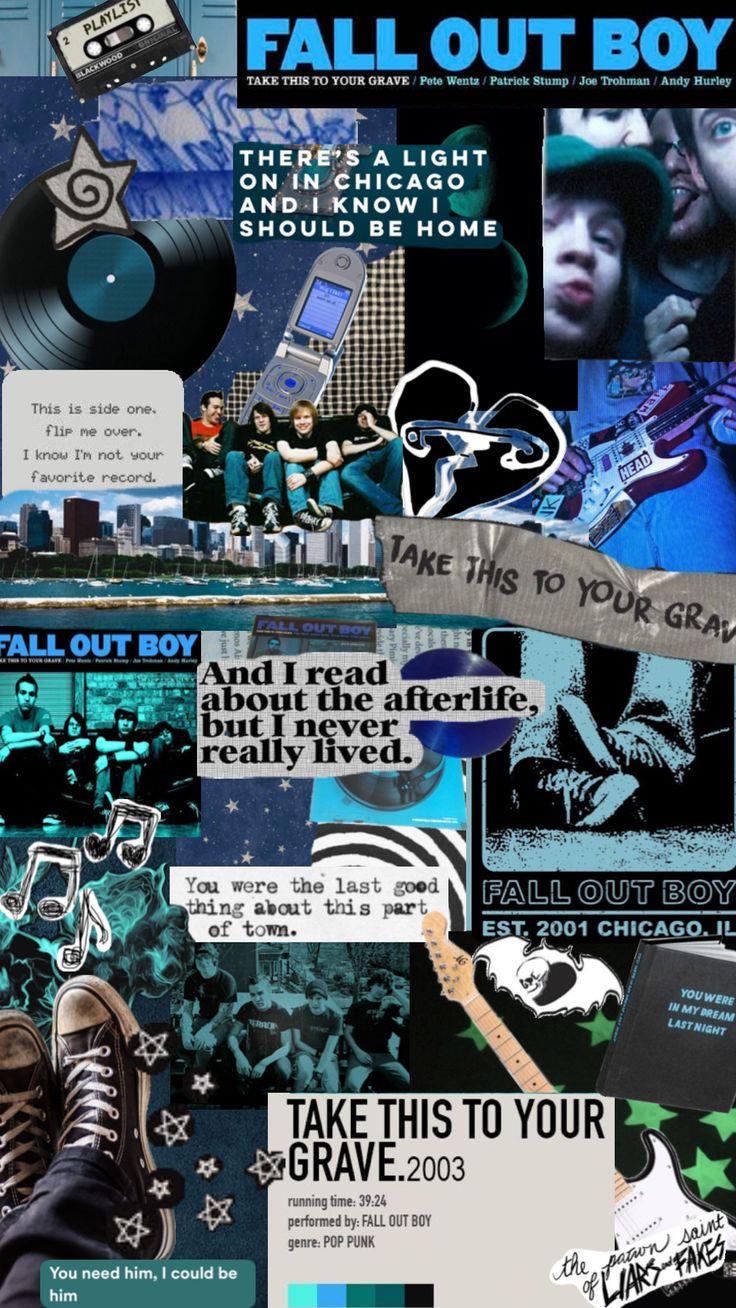 this is a collage of images related to fall out boy's album "take this to your grave".  the images include the album cover, band members, lyrics, and guitar.  the album title is written in bold at the top of the collage.  the lyrics are displayed in the center of the collage. the background of the collage is a blue and teal pattern.
