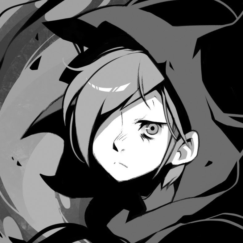 the image is a black and white illustration of a young anime girl with short hair and a scar over her right eye. she wears a large hood or cloak that obscures most of her face and casts a shadow over her eyes. her expression is serious and determined. the style is rough and sketchy, with bold lines and strong contrast between light and shadow. the background is abstract and textured.