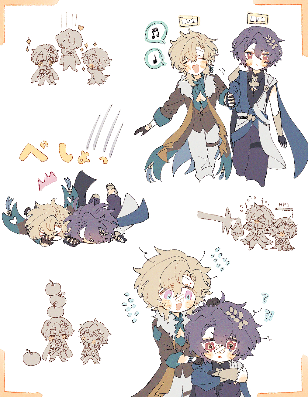 he image is a collection of cute chibistyle drawings featuring characters that resemble albedo and scaramouche from the game genshin impact.  there are multiple scenes depicted: albedo and scaramouche walking together, smaller versions of them falling, albedo tending to a hurt scaramouche, and groups of chibi versions of the characters in various playful scenarios. the style is light, whimsical, and emphasizes the characters' cuteness.  several illustrations include small details like falling apples and dango.  the drawings are accompanied by text suggesting gamelike elements such as level and hp.