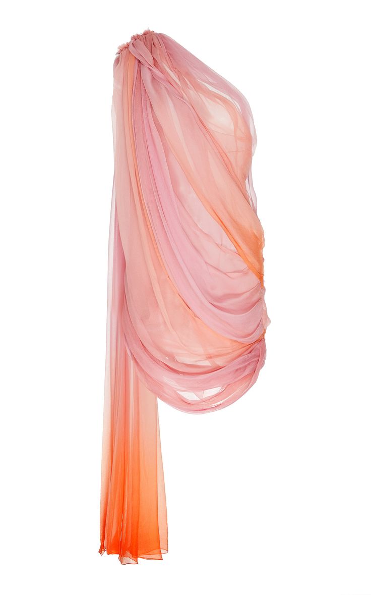 a pink and orange ombre sheer oneshoulder dress with a draped design. the dress is made of a lightweight, flowing fabric that creates a soft and romantic look. it is perfect for a special occasion, such as a wedding or a cocktail party.