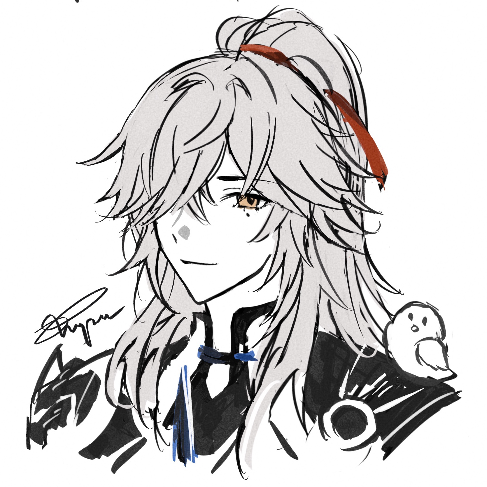 this is a black and white sketch of an anime girl with white hair, black eyes, and a red ribbon. she is wearing a black outfit and has a small bird on her shoulder. the drawing is in a cute and friendly style.