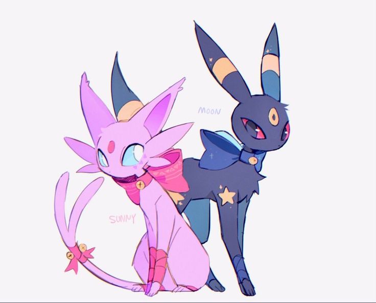 the image is a stylized digital fanart depicting two pokémon, umbreon and espeon, presented in a cute, almost chibilike manner.  espeon, labeled "sunny," is rendered in pastel pinks with pink ribbons and bows adorning its body. umbreon, labeled "moon," is a darker shade of purple, with dark blue and purple accents. both pokémon feature slight anthropomorphic qualities with expressive eyes.  the background is simple and light, letting the pokémon designs be the focal point. the style of the art is reminiscent of anime and manga artwork with softer lines and a delicate color palette.