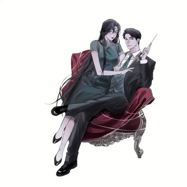 he image is an illustration of an elegantly dressed couple sitting together on an ornate red chair. the woman is wearing a dark green cheongsam, and the man is in a dark suit.  they appear sophisticated and romantically involved. the style is dark and somewhat dramatic, with a focus on the couple's stylish attire and posture.  the artwork uses a muted color palette with grays and reds dominating.