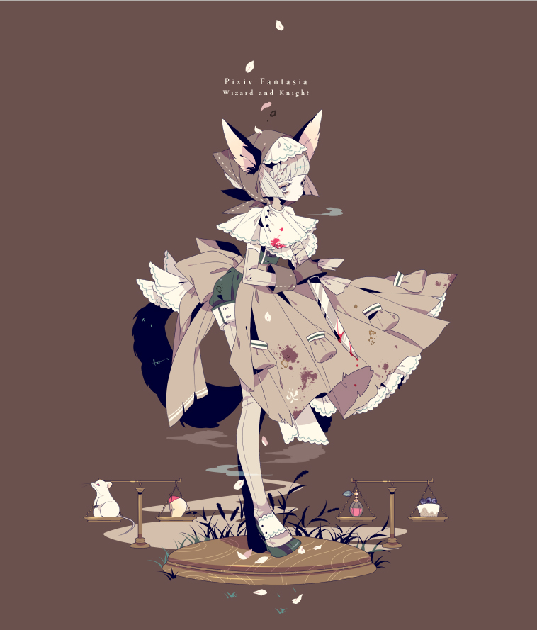 a girl with fox ears and a tail stands on a platform. she is wearing a white dress splattered with blood. there are scales on either side of her with a potion bottle and a block of cheese on them. there is also a white rat on one of the scales. the background is brown.