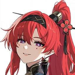 a closeup illustration of a female anime character with a mischievous smirk. she has long, vibrant red hair styled in a high ponytail, accented with a black and gold hairband and a red flower. her piercing red eyes are emphasized by the soft lighting, and she wears a black outfit with hints of blue and gold detailing. a small, ornate bottle hangs from her ear, adding to her enigmatic aura. the image has a slightly grainy texture, reminiscent of digital art.