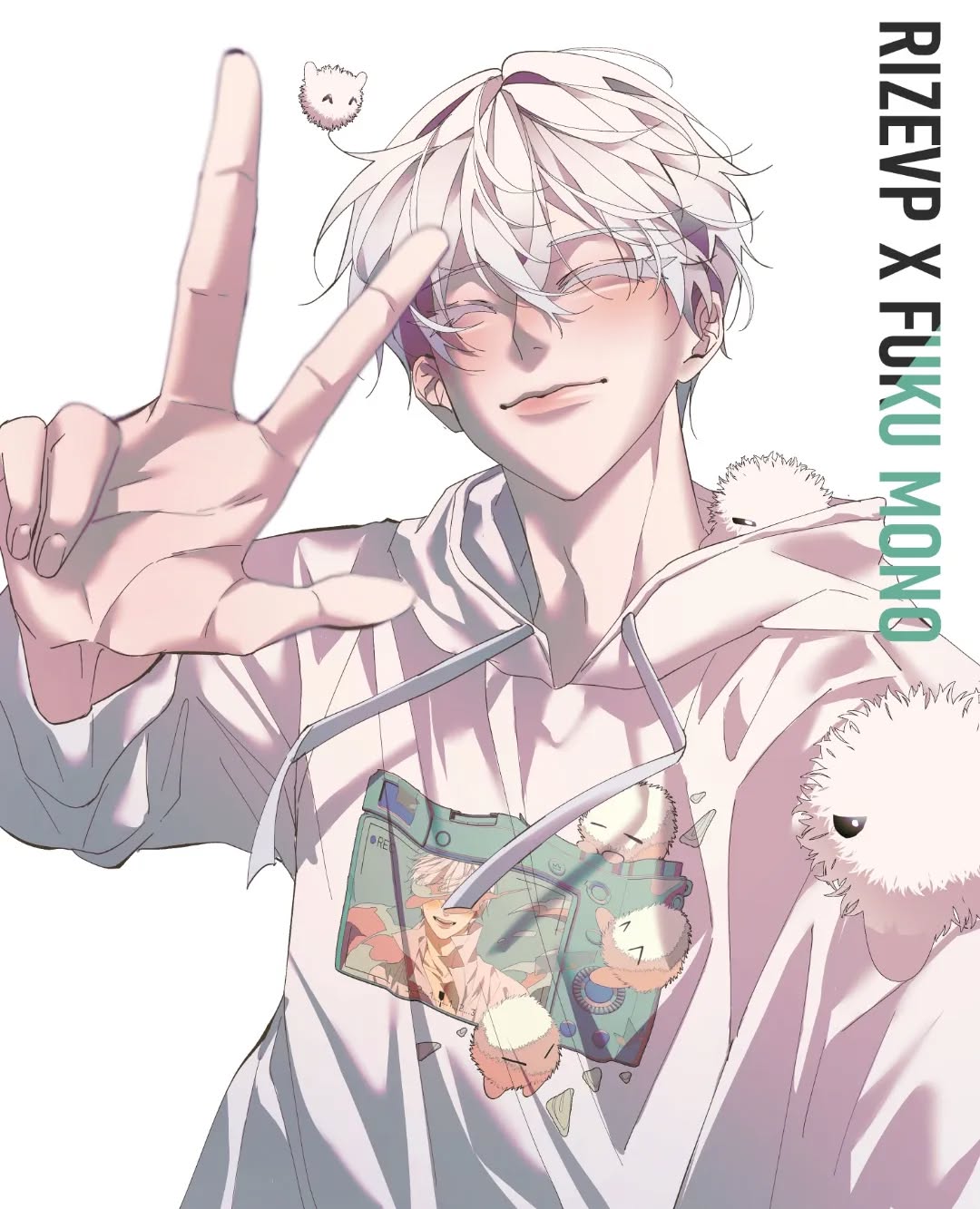 the image is a stylized illustration or fanart of an animestyle boy. he has long, white hair, is wearing a lightcolored hoodie with a vintage camera graphic and cute, fluffy creatures printed on it, and is making a peace sign with his hand. the overall style is soft, pasteltoned, and cute, with a focus on soft lines and a delicate color palette. the text "rizevp x fuku mono" is visible in the upper right corner, likely indicating the artist or collaboration involved in creating the artwork. the background is white, making the character stand out prominently.  the image evokes a soft, kawaii aesthetic.