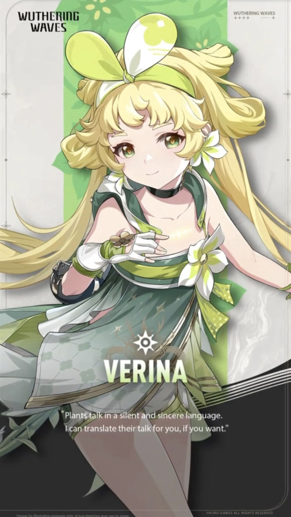 the image showcases verina, a character featured in the mobile game, "withering waves". with her blonde hair styled in twin buns adorned with green accents, she exudes an aura of youthful innocence.  verina is dressed in an outfit that blends earthy green tones with white, reflecting her affinity for nature. her bright, vibrant eyes, and gentle smile, enhance her charm. a caption at the bottom reads, "plants talk in a silent and sincere language. i can translate their talk for you, if you want," reinforcing her connection to the natural world. the art style is distinctly anime, emphasizing large, expressive eyes, and a slender physique.