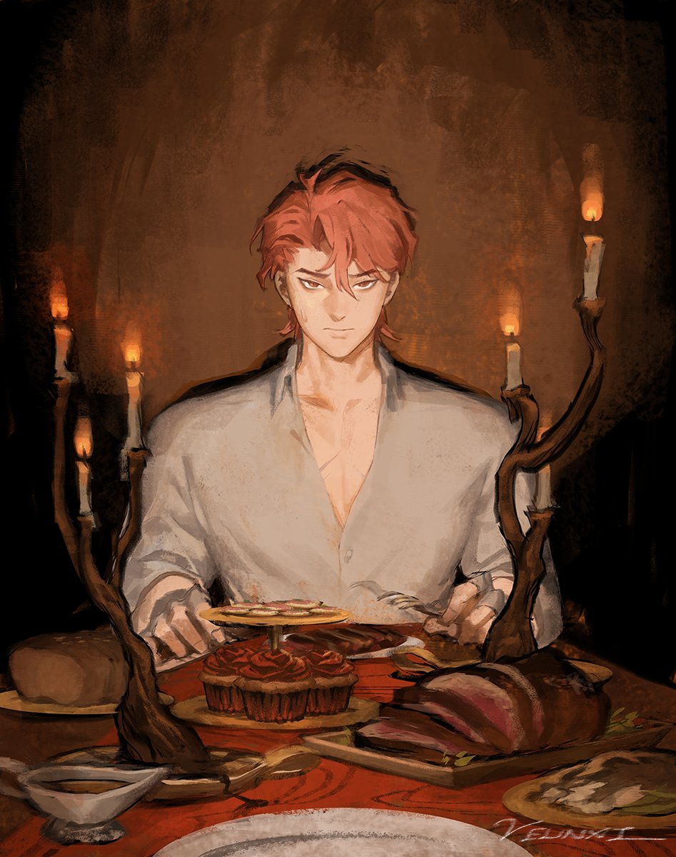 a digital painting in anime style depicts a man with red hair sitting at a table laden with food, illuminated by candlelight. he wears a white shirt and has a serious expression. the table features dishes of meat and cupcakes, surrounded by candlesticks. the background is dark and brown.
