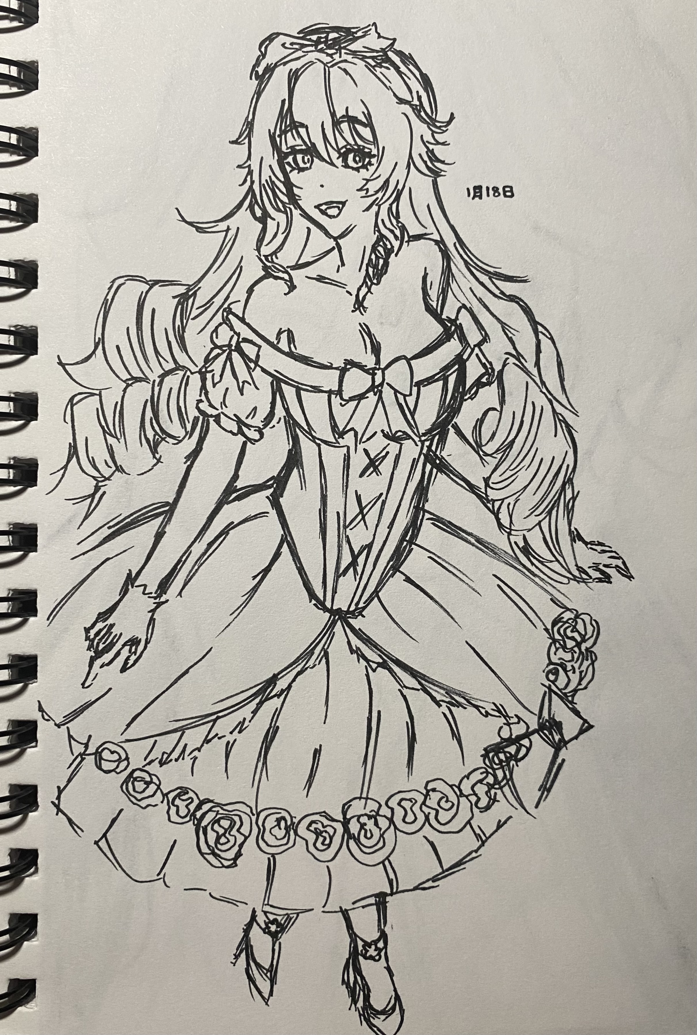 he image is a handdrawn sketch of an animestyle girl in a long, elaborate dress. the style is reminiscent of a fairytale princess or maiden. the dress has a corsetlike bodice and a full skirt adorned with roses. the girl has long, flowing hair and a delicate, somewhat whimsical expression. the drawing is done in ink, with varying line weights to create texture and depth.  the background is plain white paper, allowing the drawing to stand out clearly.  the style is fluid and expressive, focusing on capturing the character’s overall look and feel rather than strict anatomical detail.  there is a small, seemingly unrelated number "1818b" written near the topright of the drawing.