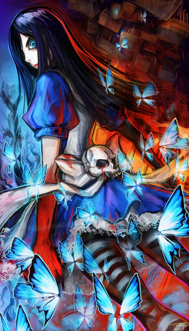 the image is a digital painting or illustration in a dark, gothic fantasy style.  it depicts an animestyle girl, resembling alice from alice in wonderland, with long dark hair. she is wearing a blue and white dress with a ruffled hem and striped stockings. she holds a skull in her hands.  the background is a swirl of reds and blues, and numerous blue butterflies surround her, adding to the surreal and dreamlike atmosphere.  the overall mood is mysterious and somewhat spooky.