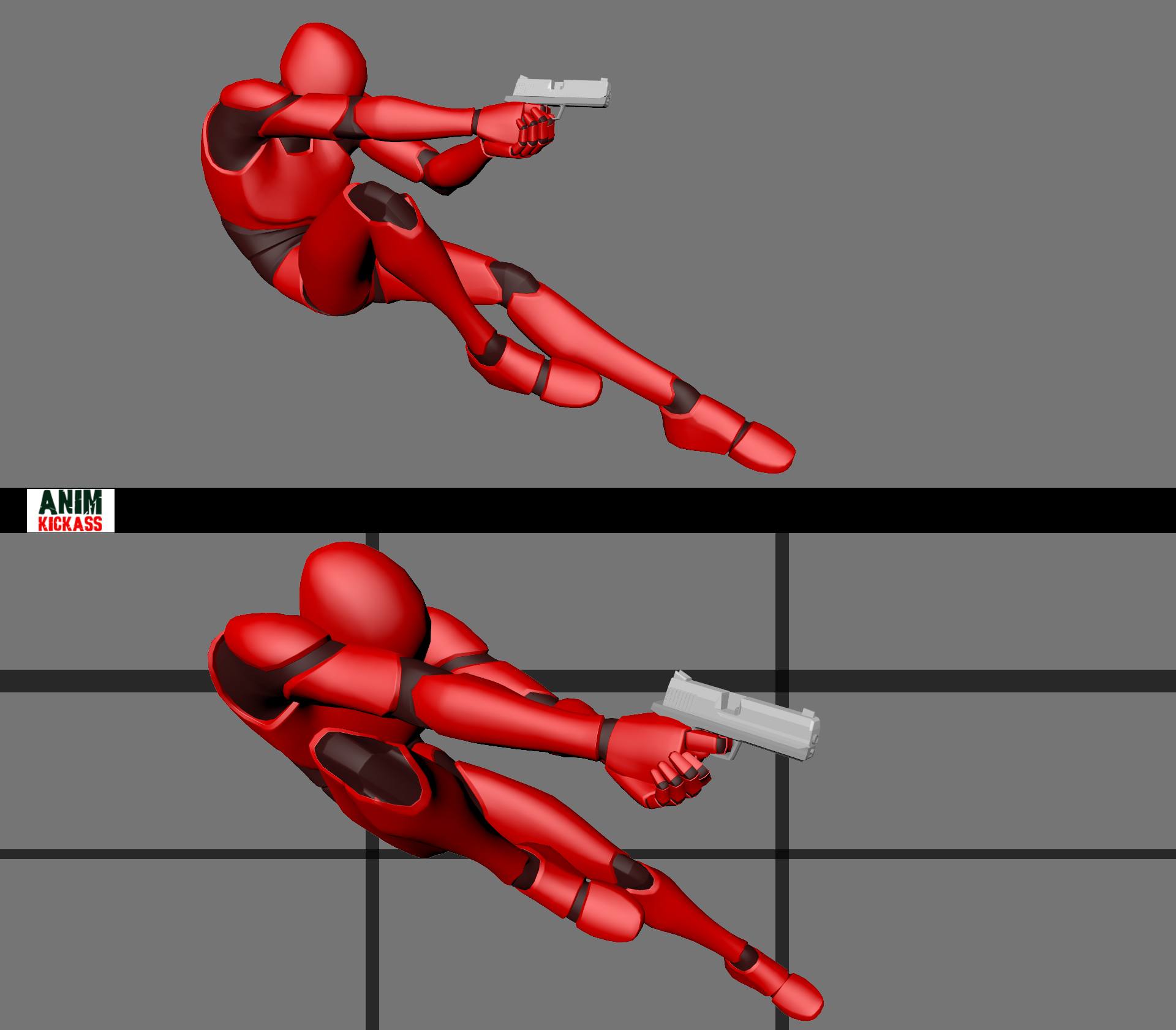 the image shows two red cyborg figures in dynamic, action poses. each figure is holding a gray gun, seemingly in a shooting stance. the figures are set against a plain gray background. the bottom figure is near a black line, while the top figure is in midair. the logo "anim kickass" is visible in the lowerleft corner. the overall impression is of an animation or 3d rendering showcasing action and movement.