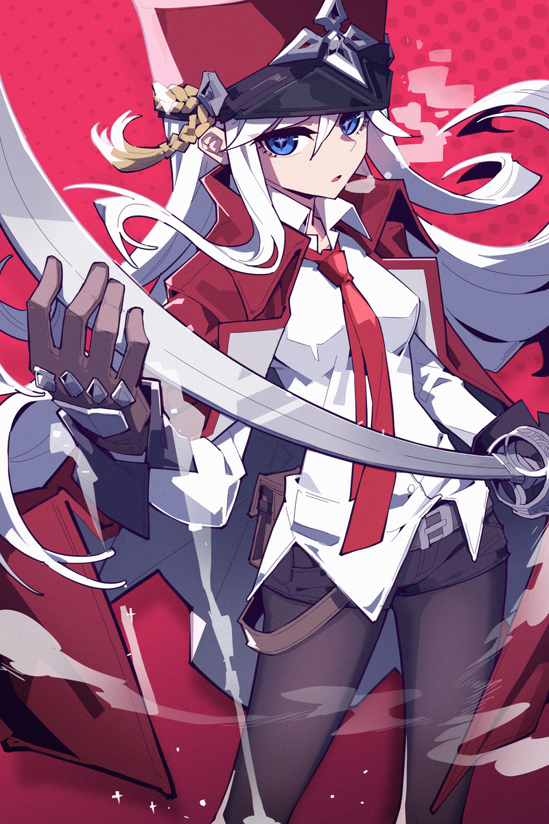 an animestyle illustration depicts a female character with striking white hair and bright blue eyes. she is dressed in a uniform consisting of a white buttonup shirt, a red tie, and a red coat. a dark cap adorns her head. the character wields a large, stylized sword. she is wearing stockings and shorts. the background is a vibrant red with subtle white accents.