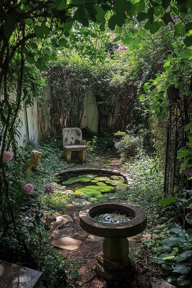 the image captures a tranquil and lush garden scene. a small, circular pond filled with lily pads is centrally located, reflecting the surrounding greenery. in the background, a stone chair sits beside the pond, giving a sense of peace and relaxation. to the left of the pond, a small statue is nestled amongst the rose bushes. a stone bird bath stands in the foreground, with a pathway of scattered stones leading towards the pond. the garden is heavily overgrown with various plants and foliage, creating a sense of a hidden or secret garden. a gate is visible on the right side, adding to the secluded atmosphere. the lighting is soft and diffused, enhancing the serene and peaceful mood of the scene.