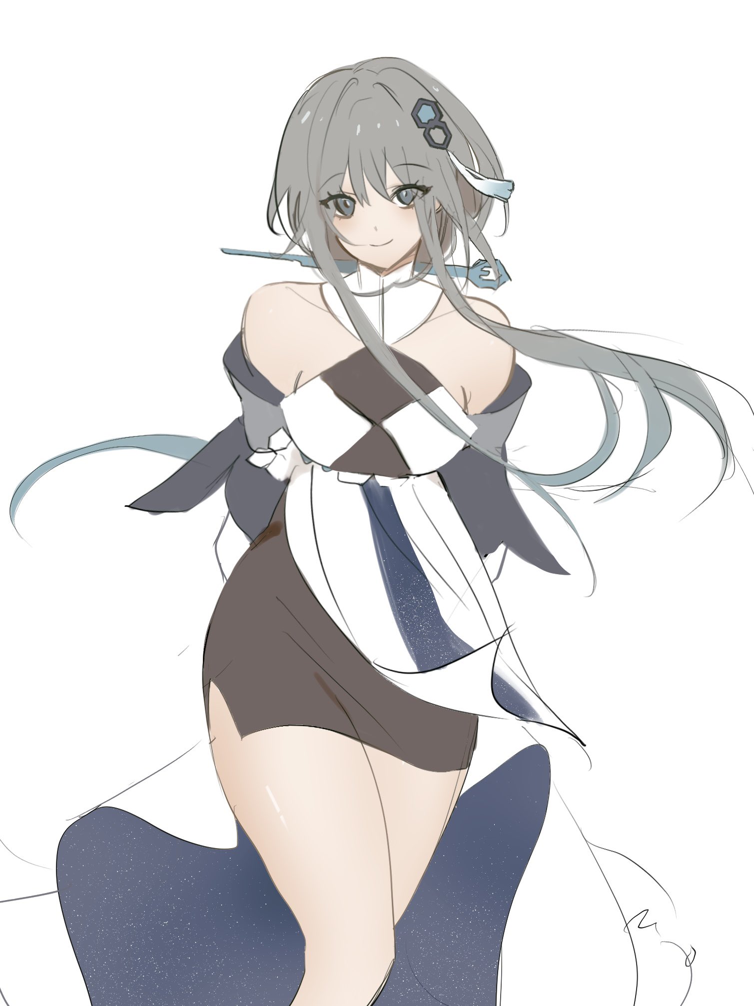a digital illustration of a cute anime girl with long grey hair and a white dress,  she's smiling and looking at the camera.