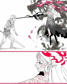 the image is a manga style illustration with two panels. the top panel shows a male character with a sword drawn, and a female character with dark hair. the female character is wielding an ethereal magic and appears to be in the middle of casting a spell. the male character is in midattack and appears to be the target of her spell. the bottom panel shows the same female character with an ethereal glow around her, and she appears to be reacting to the effects of the spell she just cast. this image appears to be a panel from a larger story.
