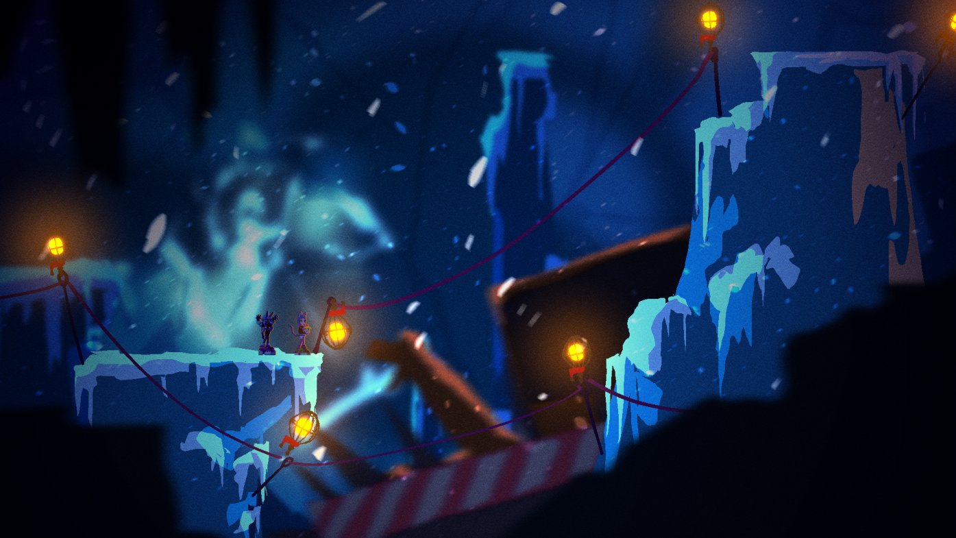 the image shows a small, stylized character with glowing eyes standing on a platform of ice. they appear to be in some kind of underground ruins, with large ice formations and snow falling. warm orange lanterns strung along ropes provide the primary light source, contrasting with the cool blue tones of the environment. the overall atmosphere is mysterious and atmospheric.