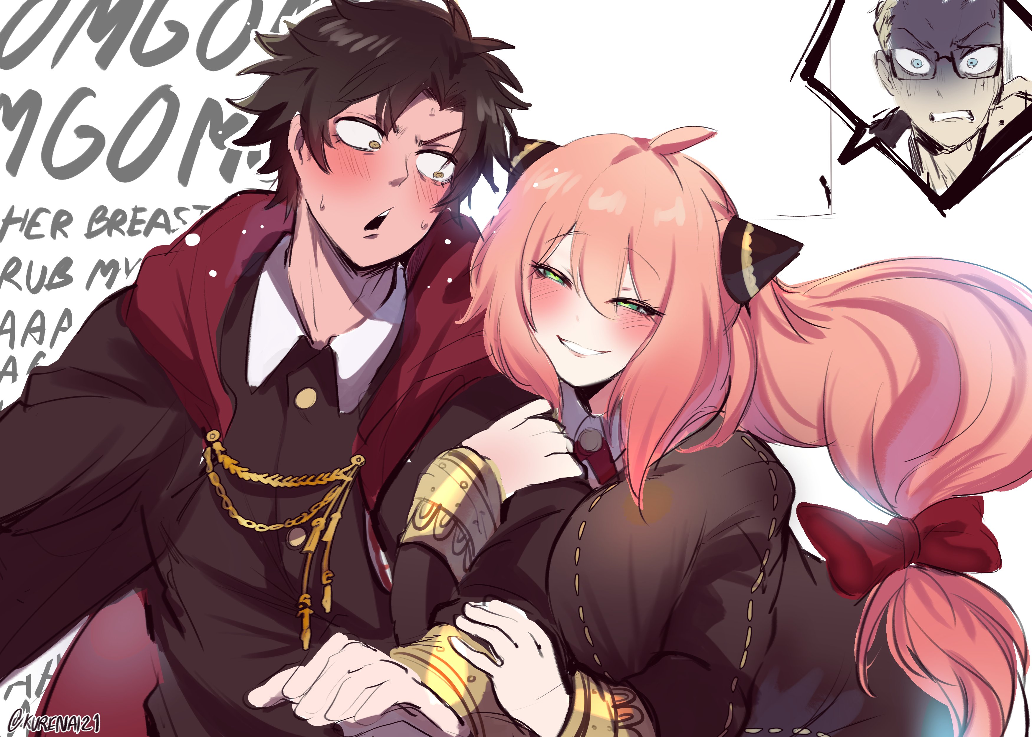 this is an animestyle illustration of a couple, a girl with long pink hair and a boy with black hair. the girl is smiling and blushing, with her arms around the boy, who is looking at her with a surprised and blushing expression. the girl's hands are resting on the boy's chest and neck, and her fingers are brushing his chin and hair. the boy is wearing a red and black