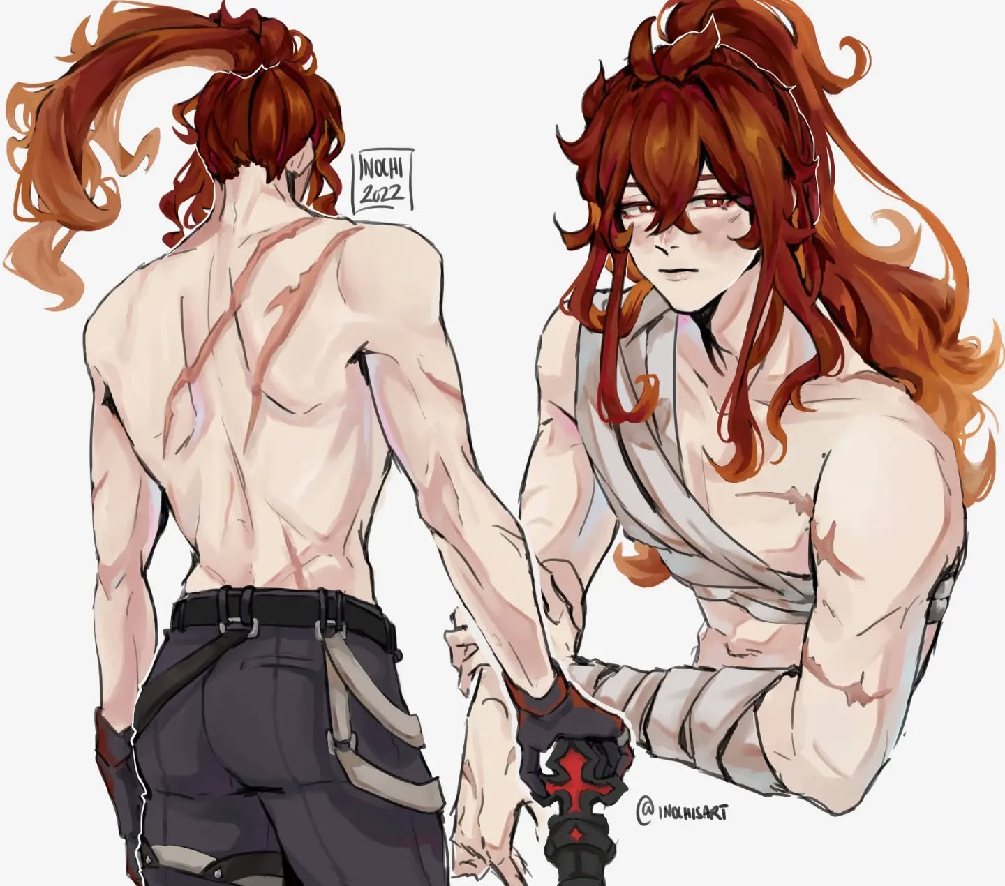 the image is a piece of digital fanart depicting a muscular male character with long, fiery red hair styled in a ponytail.  the art is in a style reminiscent of anime or manga.  the character is shown from two perspectives: a back view showcasing extensive scarring across his back and a front view which shows similar scarring on his arms and torso.  he is partially bandaged around his chest and arm. he holds what appears to be a crossshaped weapon or hilt. the artist's signature, "mochi 2022" and "@inouniart" are visible on the artwork. the overall style suggests a fantasy setting or character design.