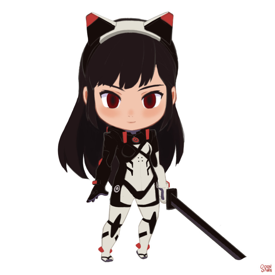 a chibistyle anime girl in a futuristic black and white outfit with red accents. she has long black hair, red eyes, and cat ear headphones. she's holding a large black sword and stands against a pure white background.