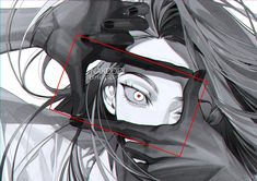 a black and white illustration of a woman's face partially obscured by her gloved hand framing her face. the illustration is drawn in an anime or manga style, with a focus on the woman's large, expressive eye. her hair is long and flowing, and she has a delicate, feminine features.