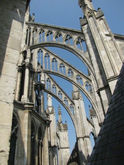 the image captures the intricate details of a gothic cathedral's exterior, showcasing its towering height and the elegant, yet robust, system of flying buttresses. bathed in sunlight, the stonework reveals subtle variations in color and texture, adding depth to the scene. the worm'seye perspective accentuates the grandeur and verticality of the structure, emphasizing its aspiration towards the heavens.