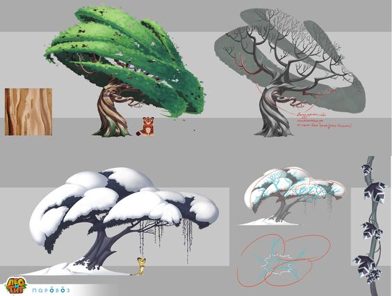 the image showcases a series of stylized concept art explorations of a baobab tree in various seasons and conditions.  it includes versions with lush green leaves, bare branches, and covered in snow. there are also closeups of the tree bark and leaf details, alongside annotations and color palettes. two small animals, potentially meerkats or similar creatures, are depicted at the base of two of the trees.  the style suggests its use for animation or children's media.