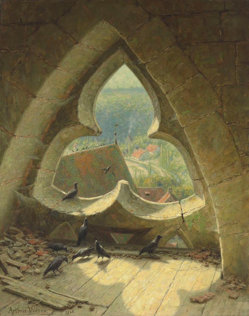a painting by arthur wasse from 1924 depicts an architectural view through a stone archway window. the foreground shows the interior of an old building with pigeons perched on a wooden floor and a section of a cracked stone roof. through the window, a landscape and cityscape are visible. the scene is lit with sunlight, creating strong shadows. the painting focuses on the contrast between the decay of the interior and the vibrant view outside.
