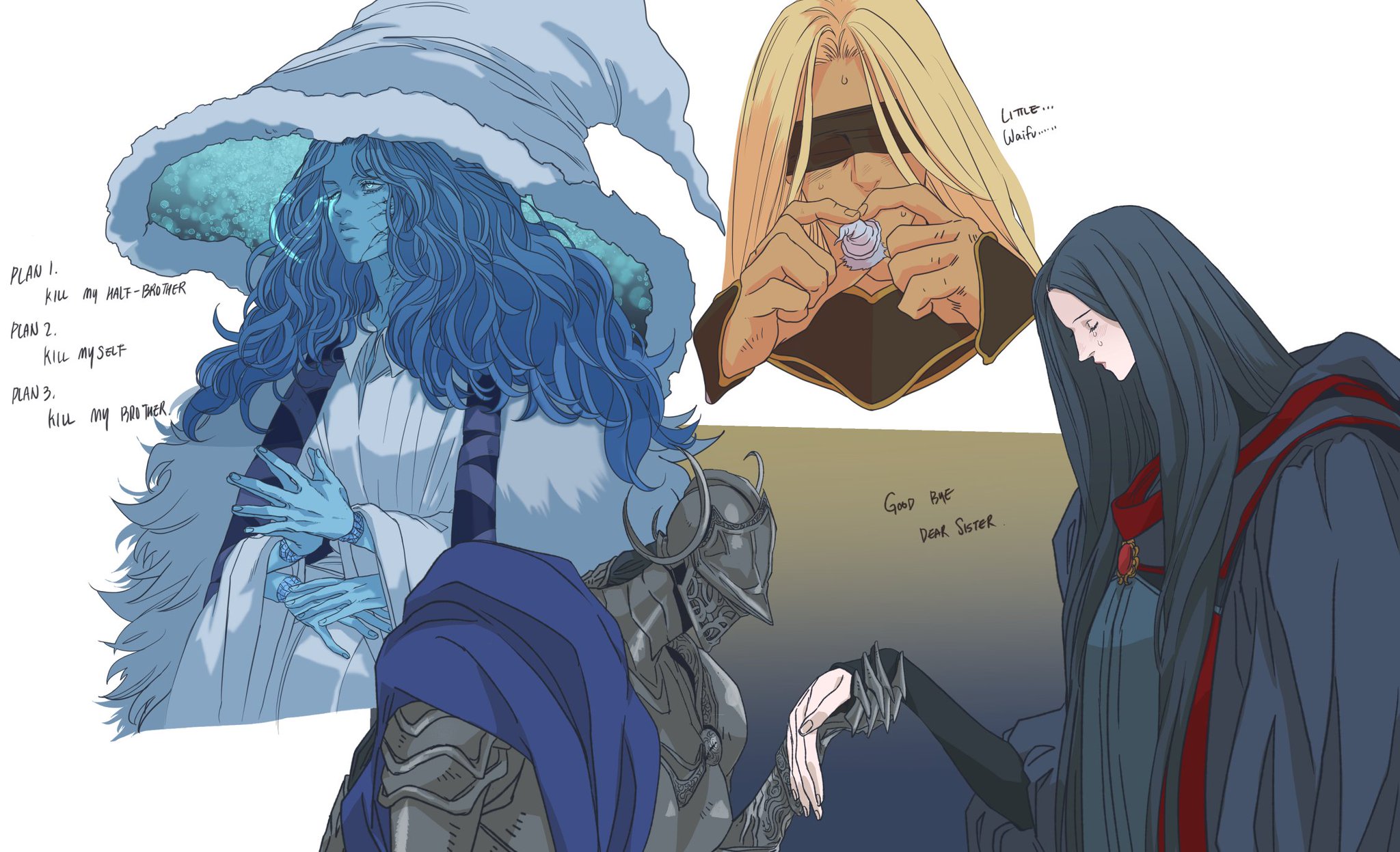 the image depicts a fanart compilation of characters from the video game elden ring. from left to right, the characters are: ranni the witch with a list of plans, marika holding a small figure and calling it "little waifu...", malenia shaking hands with her armored brother radagon in a farewell scene, with the text "good bye dear sister".