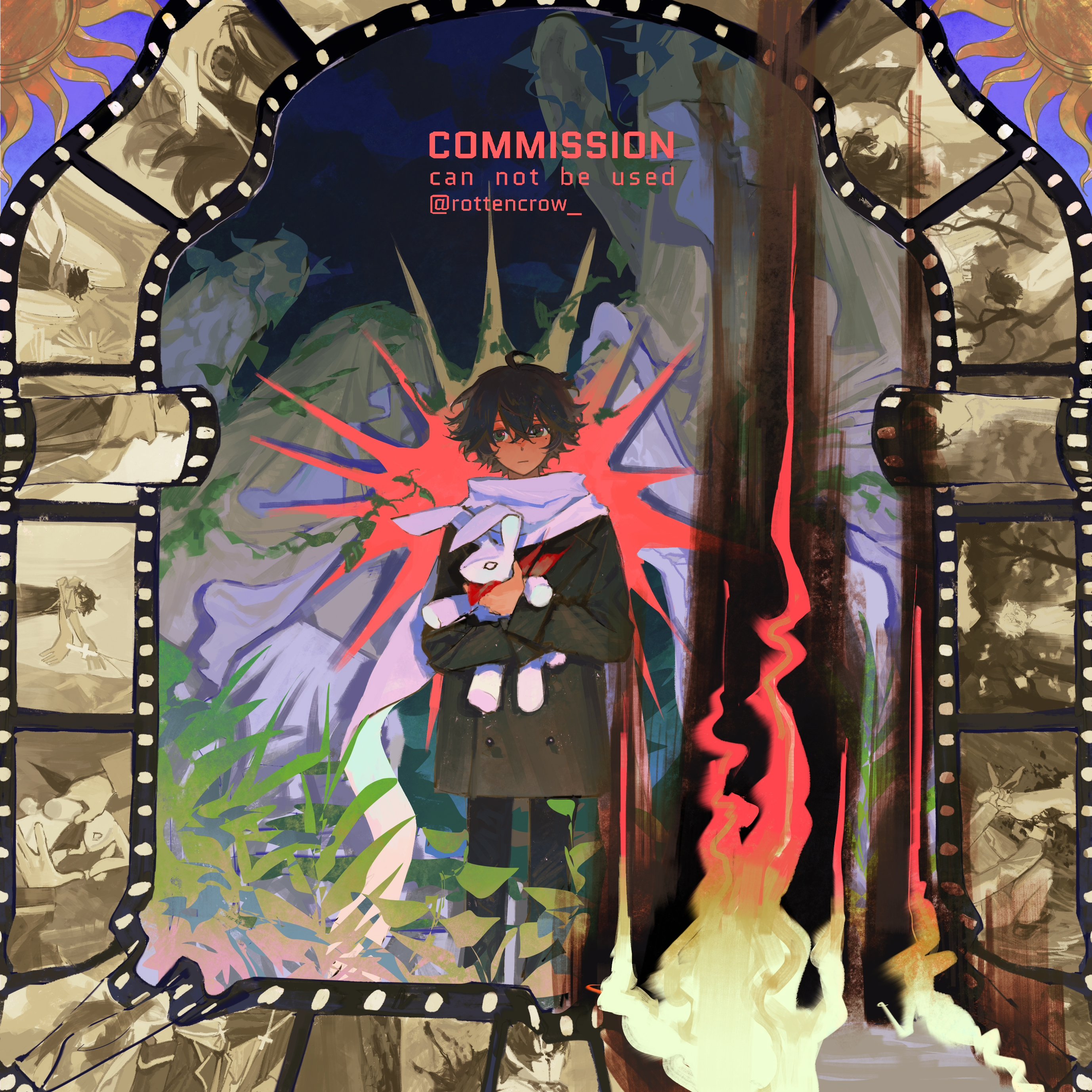 a digital illustration of an animestyle character. the character is a male with long black hair and dark eyes. he is wearing a black coat and white scarf. he is holding a white bunny in his hands. there are flames behind him, and the scene is set in an abstract background of film frames. text in the top says "commission can not be used @rottencrow_."  the image is colorful and bright.