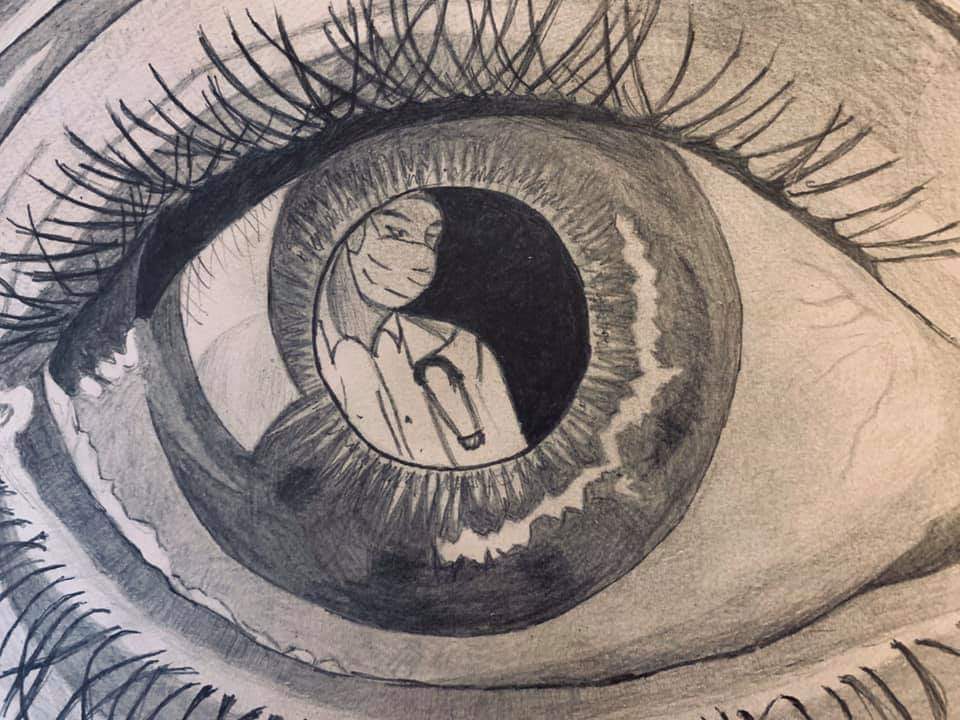 a detailed pencil drawing of an eye looking out at a doctor in a face mask reflected in the pupil. the drawing is done in black and white and has a surreal and realistic style. the eyelashes are long and thick, and the eye is open wide, creating a sense of intensity. the doctor in the reflection is a simple representation, with a stethoscope visible on their chest. the overall effect of the drawing is one of hope and resilience.