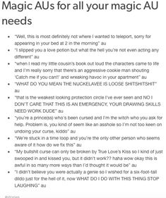a list of humorous writing prompts for fantasy stories with magic, all formatted as alternate universe (au) ideas.