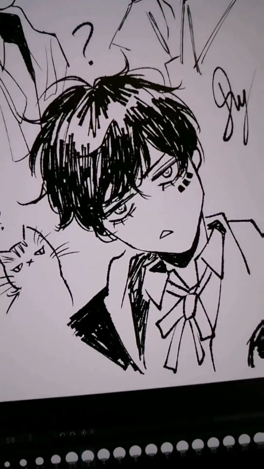 the image is a black and white ink drawing or digital sketch of an animestyle young man.  he has dark, spiky hair, expressive eyes, and is wearing what appears to be a collared shirt or jacket with a bow tie.  a small cat with a disgruntled expression is partially visible near his shoulder. a question mark is drawn above his head, and a signature is visible in the upper right corner. the style is reminiscent of manga or anime illustration. the lines are bold and expressive, with a focus on capturing emotion and character. the background includes some scribbles and incomplete shapes. the overall impression is that of a quick, dynamic sketch, perhaps a piece of fanart.