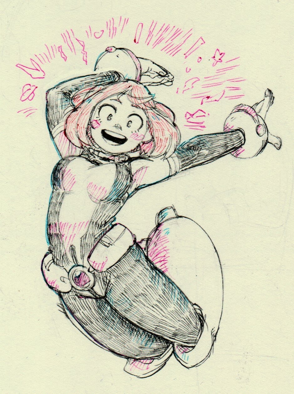 a sketch of an anime girl in a black and pink costume, with her arms raised and her mouth open in a wide smile. she appears to be in the middle of a heroic pose, with her hair flowing behind her and a determined look in her eyes. the sketch is done in pen, with pink and black lines used to create shading and detail. the background is white, allowing the character to stand out.