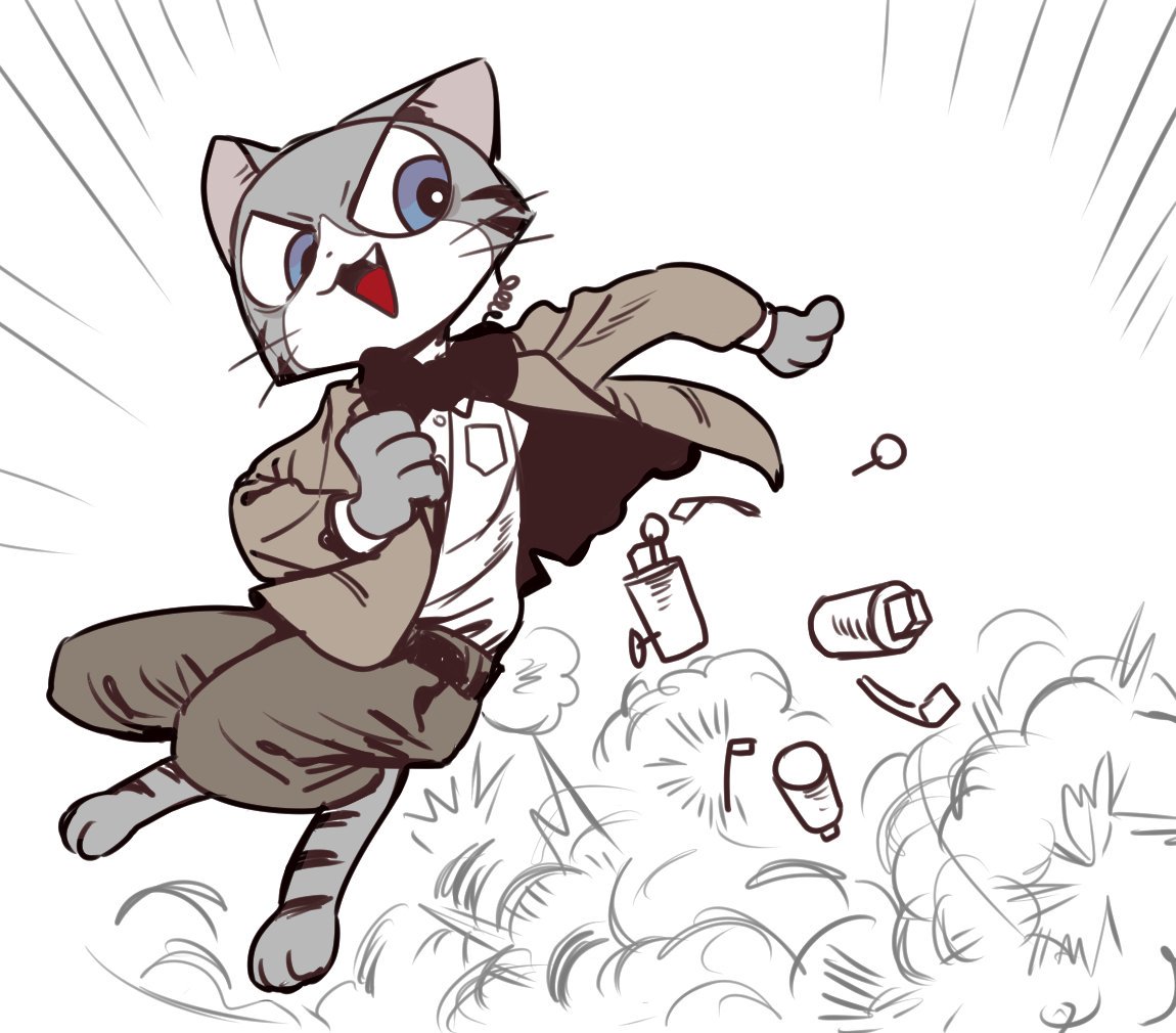 a cartoon grey cat wearing a jacket and a bow tie is running away from a small explosion. the cat is in midair with its arms outstretched.  the explosion is behind the cat and is filled with debris.