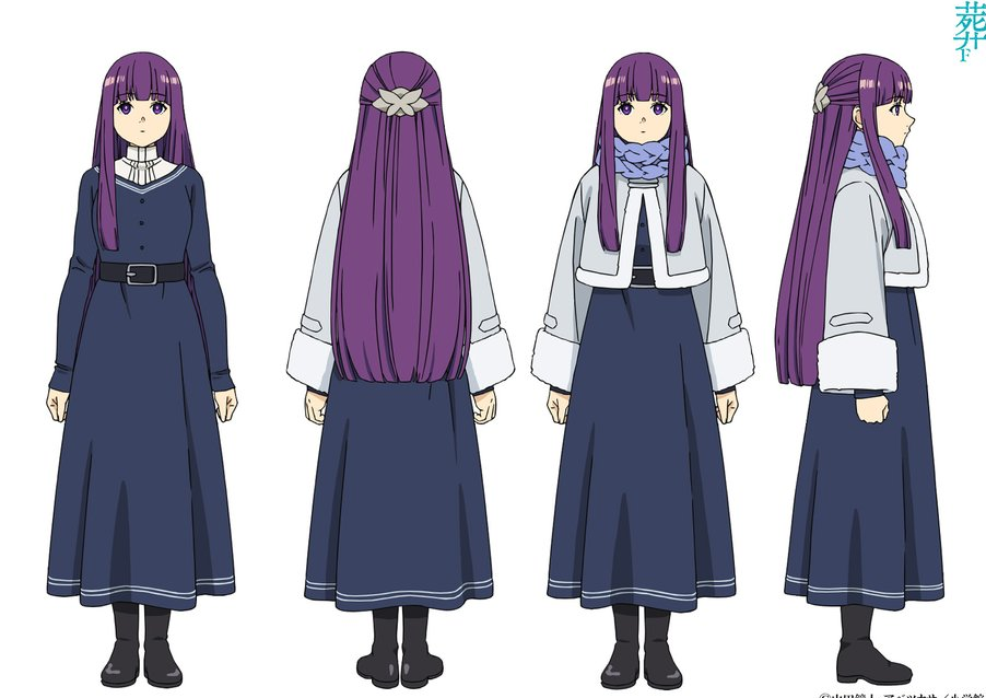 this is a model sheet of a female anime character with long purple hair. she is wearing a long blue dress with a white collar and cuffs. in the third and fourth images, she is also wearing a white winter coat and a light blue scarf. her expression is neutral. the background is plain white.