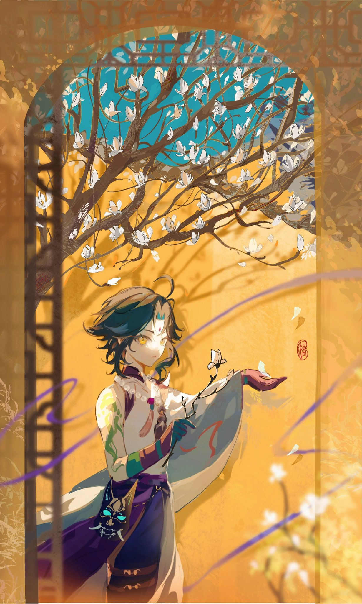 the image is a digital painting of an anime boy dressed in a colorful kimono, standing in a beautiful garden filled with white flowers. the boy is surrounded by a magical, ethereal glow, and he is looking down at the flowers with a gentle smile. the background is a soft yellow and gold, with the trees and flowers in the background creating a sense of depth and space. the overall impression is one of beauty, peace, and serenity.