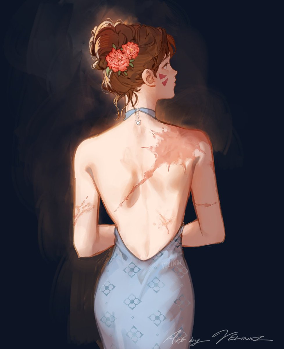 the image is a digital painting of a woman with a bun hairstyle and flowers in her hair, wearing a blue dress with a low back. she is viewed from the back and right side, showing scars on her back, shoulder, and arm. she is wearing a choker necklace and a small earring. the background is a dark, muted color.