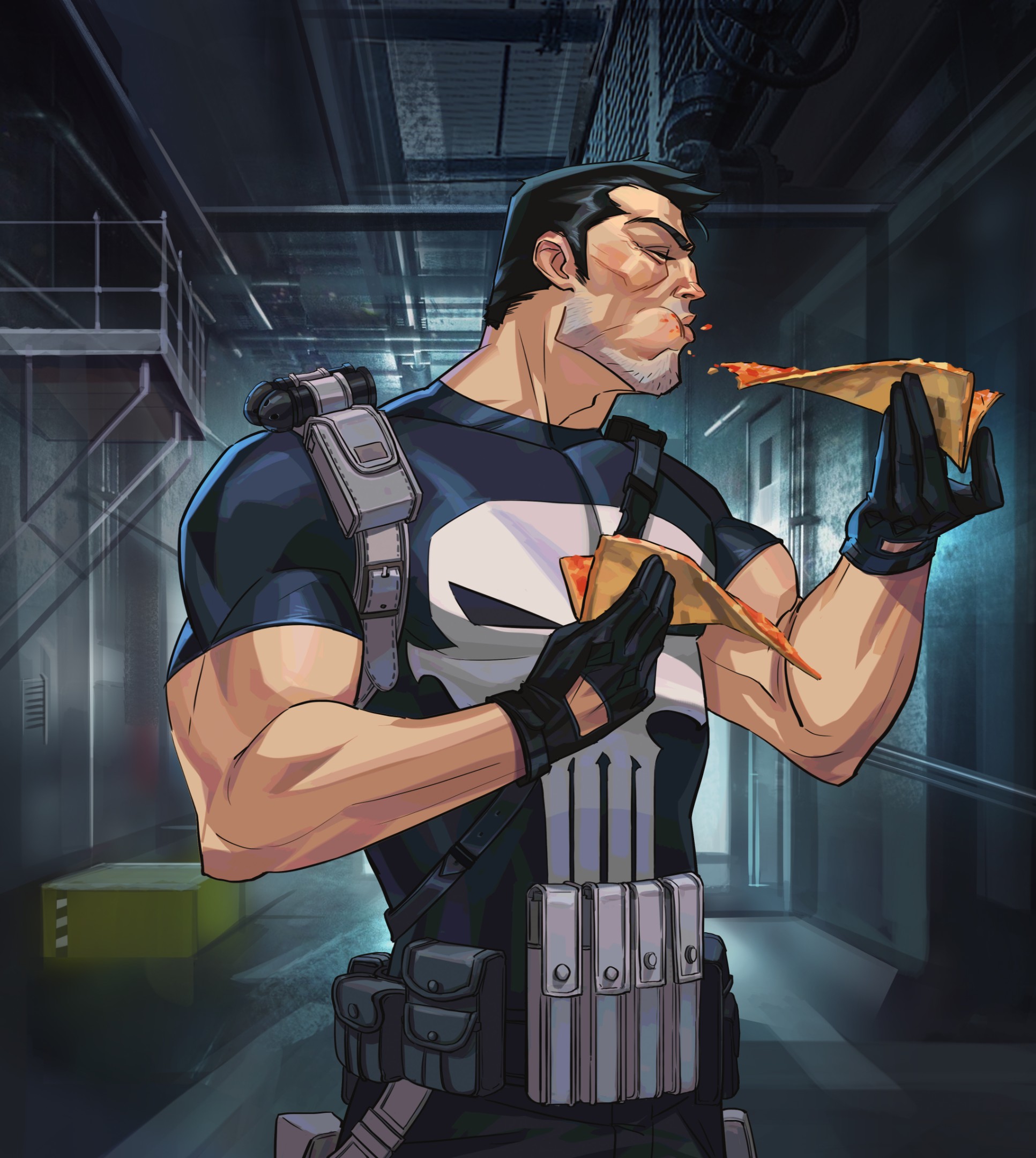 the punisher, also known as frank castle, is a vigilante who operates in a dark city alley. he is dressed in his signature black tactical gear and has his skull logo prominently displayed on his chest. the punisher is holding two slices of pizza, one in each hand, and is biting into one of them. he is shown in a moment of respite, taking a break from his violent crusade against crime. the image is rendered in a graphic style, with bold lines and strong colors.  the background is dark and gritty, suggesting the harsh environment in which the punisher operates.