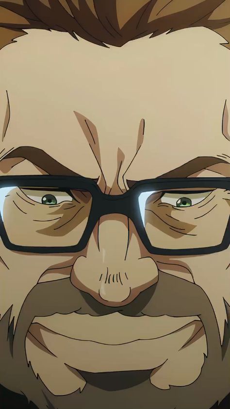 a close up illustration of a man's face. he has short brown hair, a short beard with gray hair mixed in, and is wearing glasses. he has a slight grin on his face and his eyes have a slightly mischievous look.