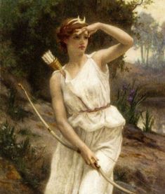 the image portrays a young woman, likely depicting the greek goddess artemis or her roman counterpart diana, in a natural setting. she stands in a flowing white gown adorned with a golden belt and a crescent moon diadem, symbolizing her divine status. she holds a bow and arrow, underscoring her role as the goddess of the hunt. the background reveals a lush forest with a glimmering river flowing through it, creating a serene and ethereal atmosphere. the lighting appears soft and natural, suggesting a daytime scene illuminated by sunlight filtering through the foliage.