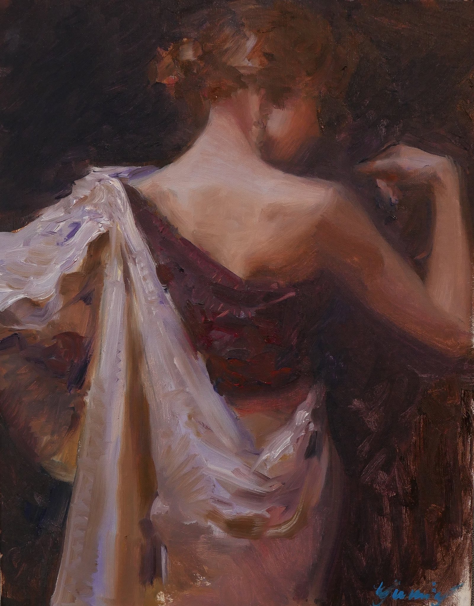 a woman in a burgundy and white dress is depicted in an oil painting on canvas. the painting is done in a loose and impressionistic style, with visible brushstrokes. the woman is shown from the back, with her head turned slightly to the side. her hair is pulled back in a bun, and her shoulders are bare. her dress is draped around her body, with a white shawl covering her left arm.  the lighting is soft and focused on the woman, creating subtle shadows and highlighting the folds of her dress. the background is a dark, indistinct blur that creates a sense of intimacy. the overall impression is of a sensual and elegant portrait.