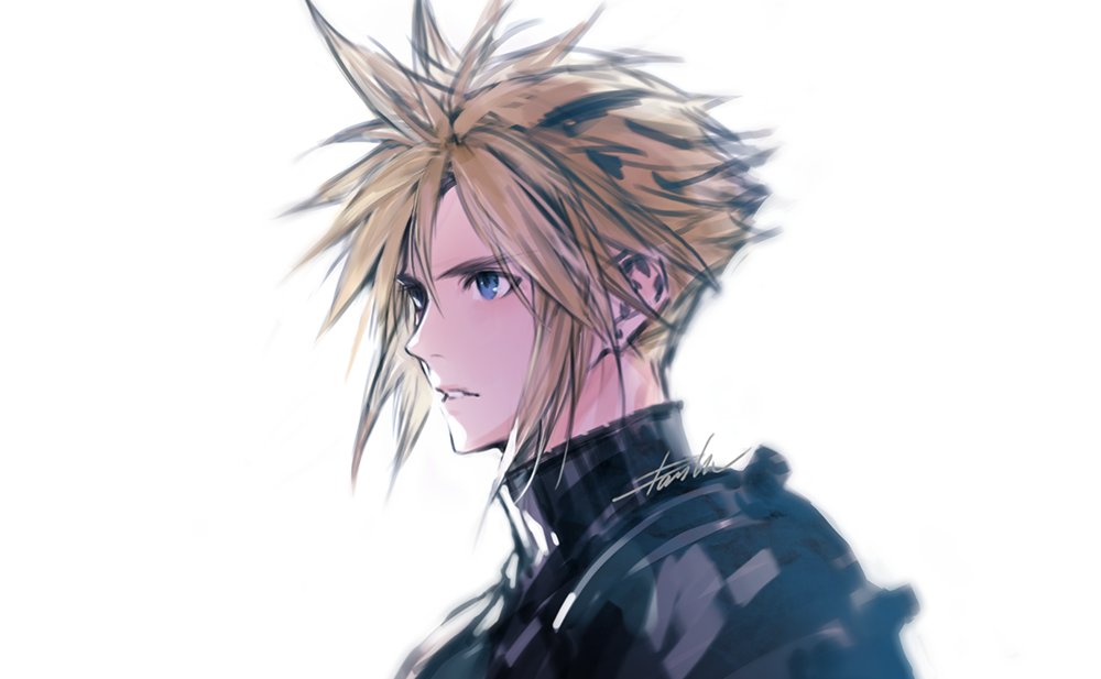 the image is a stylized digital fanart depicting cloud strife from final fantasy vii. it's a closeup, profile view portrait focusing on his face and upper body. his iconic spiky blonde hair is prominently displayed, along with his piercing blue eyes. he has a serious, almost determined expression.  he's wearing a darkcolored, highcollared jacket, typical of his attire in the game. the art style is smooth yet detailed, blending anime and manga influences with a painterly texture, creating a sophisticated and somewhat melancholic mood. the background is mostly white, allowing cloud to be the clear focal point.  the artist's signature is faintly visible on his shoulder.