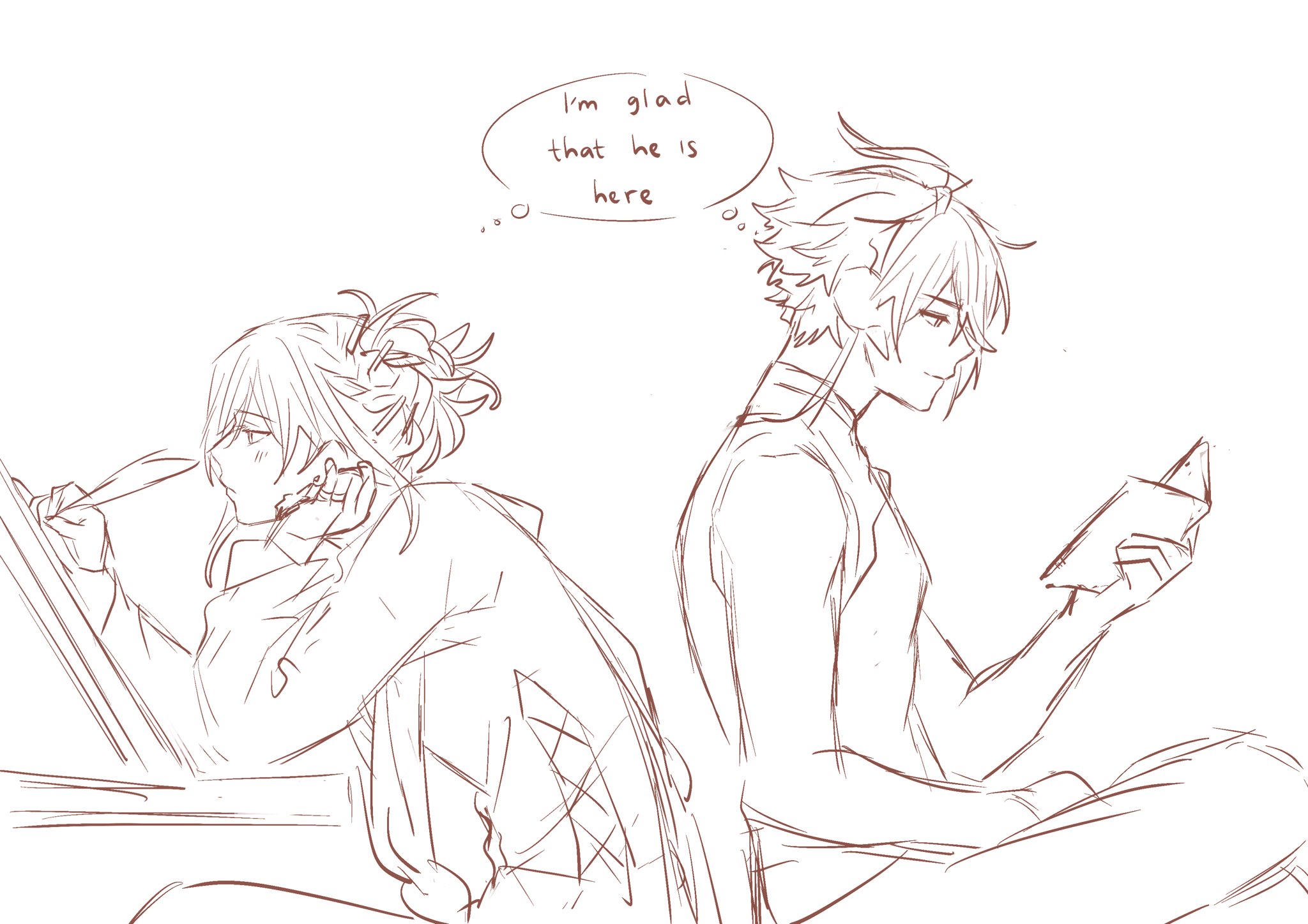 a simple sketch of two anime characters, a male and a female, sitting sidebyside. the female is drawing on a piece of paper, while the male is reading a book. the male is thinking about how happy he is that the female is there with him. the thought bubble above his head reads "i'm glad that he is here".